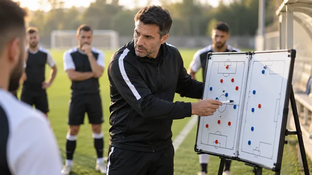 Un antrenor de fotbal în trening explică o tactică pe o tablă magnetică pliabilă, pe marginea terenului, cu jucători estompați în fundal