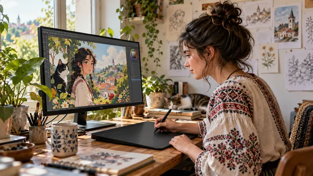 Ilustratoare care desenează cu un stilou digital pe o tabletă grafică fără ecran, privind spre monitorul pe care apare desenul