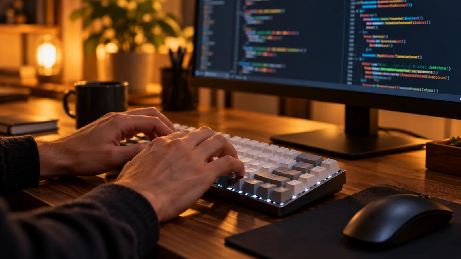 Mâinile unui programator care tastează pe o tastatură mecanică compactă cu iluminare discretă, lângă un monitor cu cod