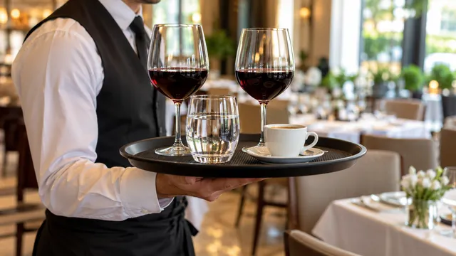 Ospătar în cămașă albă și vestă neagră care duce pe palmă o tavă rotundă neagră cu pahare de vin, apă și o cafea