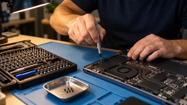 Tehnician care desface un laptop cu o șurubelniță de precizie, lângă o trusă deschisă cu zeci de biți mici și o tăviță magnetică