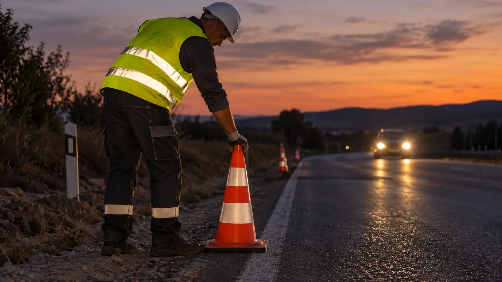 Muncitor cu vestă reflectorizantă galbenă și cască albă care așază un con de semnalizare pe marginea unui drum la amurg