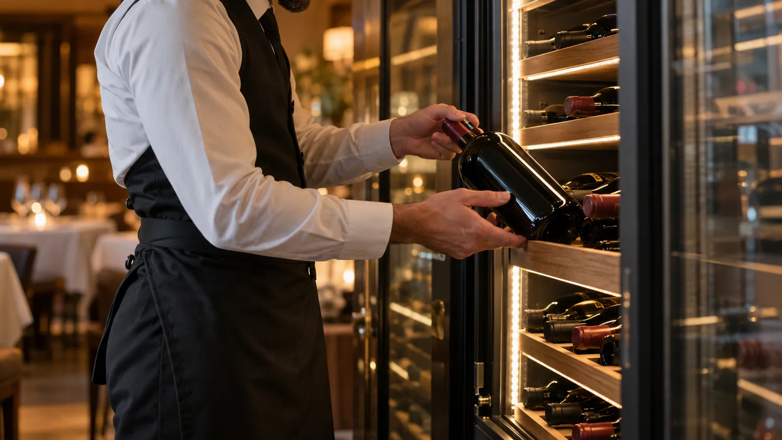 Sommelier care scoate o sticlă de vin roșu dintr-o vitrină de vinuri cu ușă de sticlă și iluminare LED, într-un restaurant