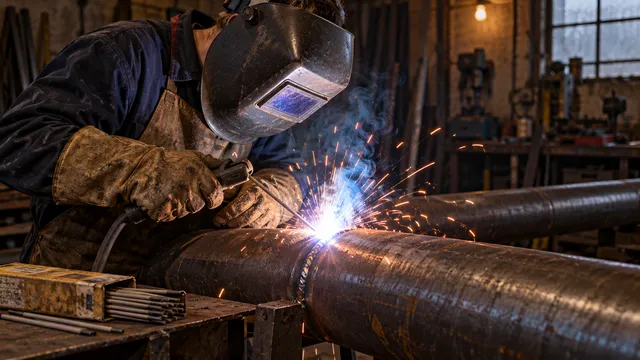 Sudor cu mască de protecție care sudează cu electrod o îmbinare de țeavă metalică, cu scântei și arc electric strălucitor