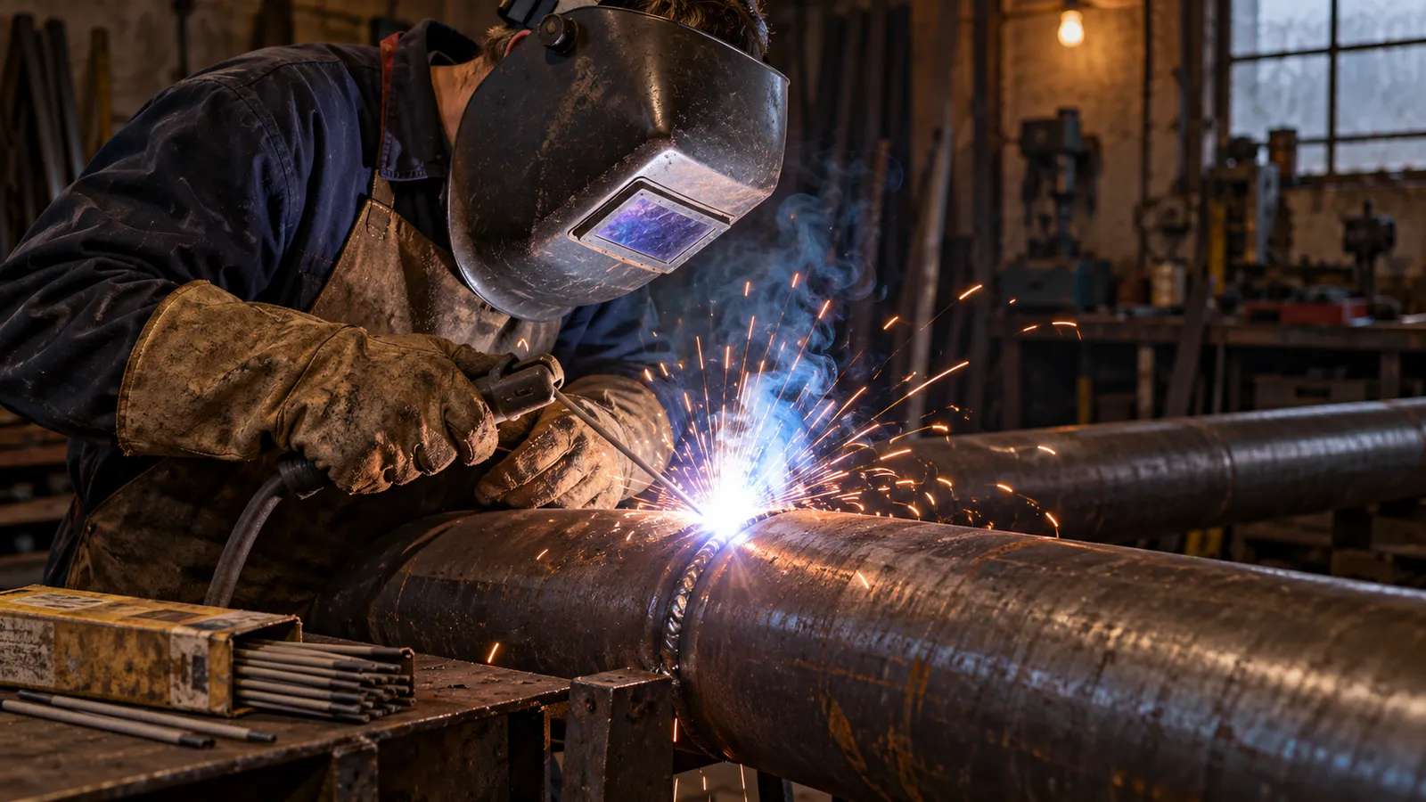 Sudor cu mască de protecție care sudează cu electrod o îmbinare de țeavă metalică, cu scântei și arc electric strălucitor