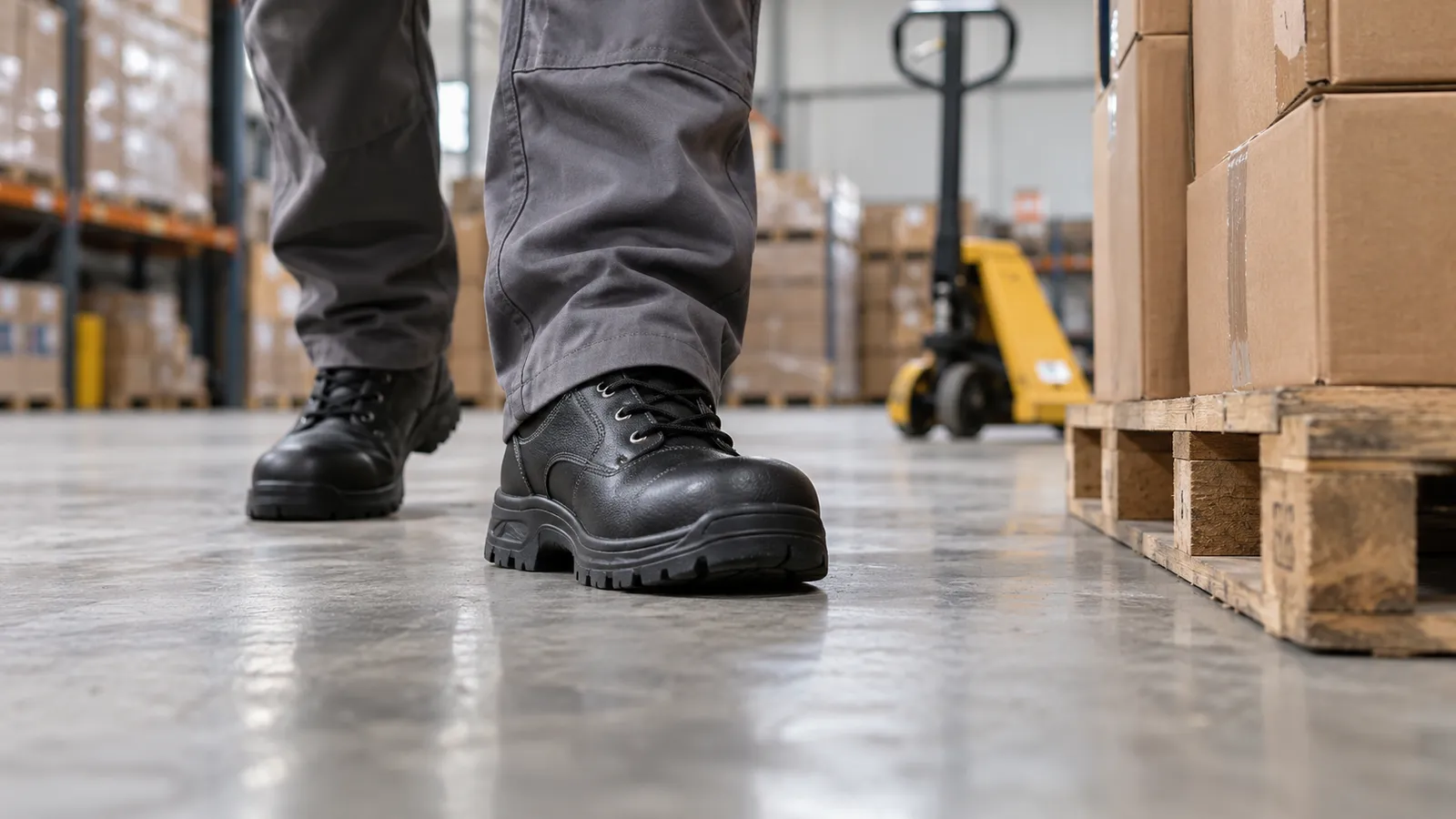 Picioarele unui lucrător de depozit încălțat cu pantofi de protecție negri cu bombeu, pe o podea de beton lângă un palet