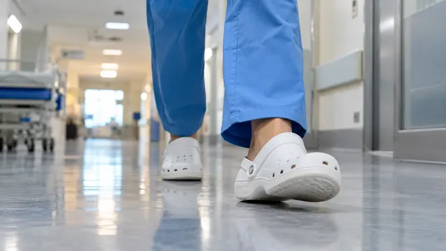 O asistentă medicală în costum albastru merge pe holul unui spital, cu saboți medicali albi