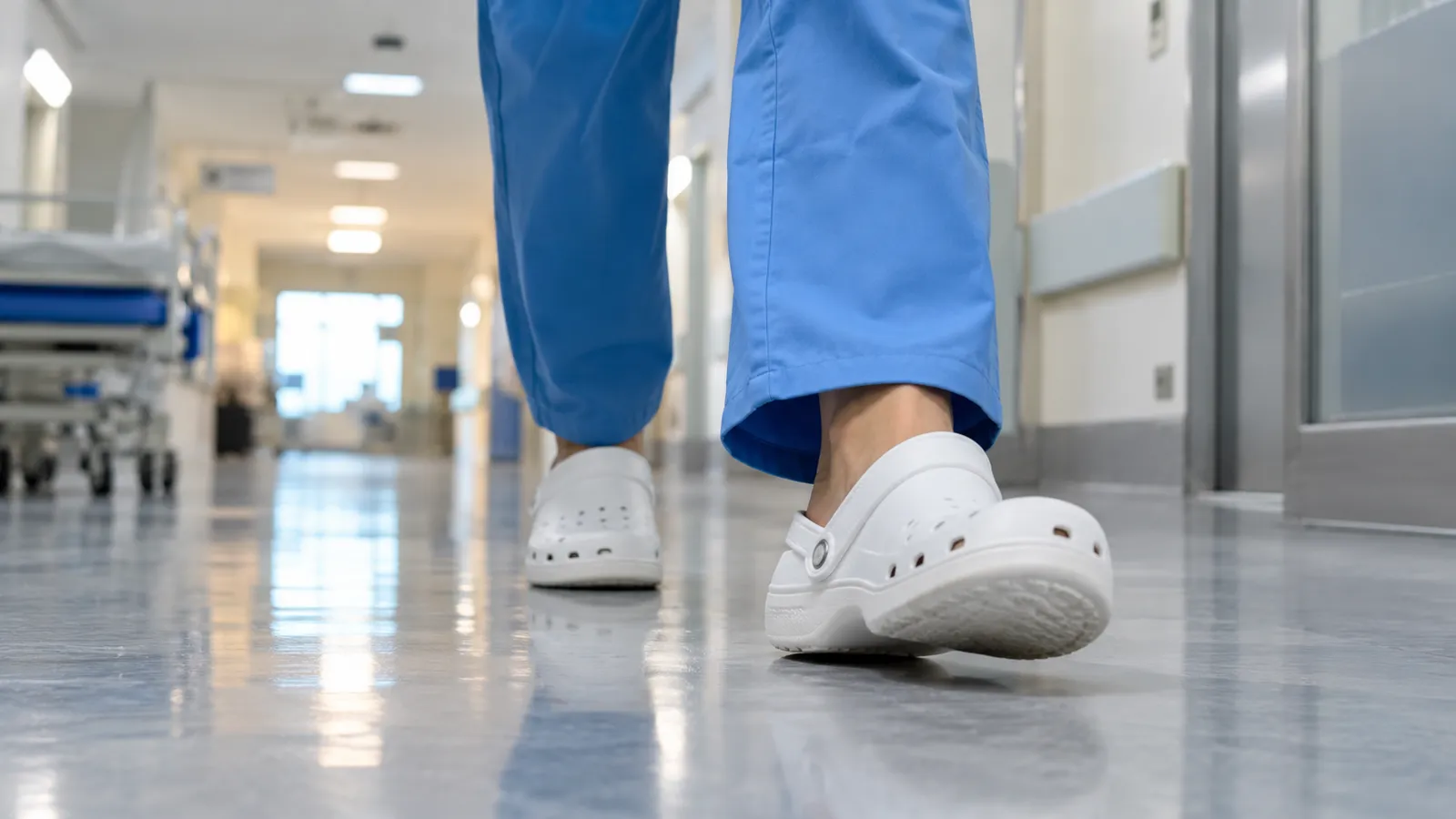 O asistentă medicală în costum albastru merge pe holul unui spital, cu saboți medicali albi
