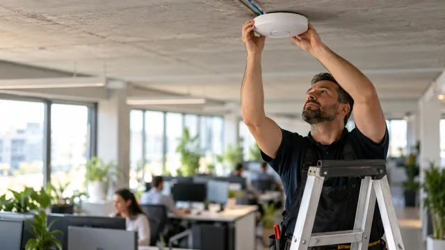 Administrator de rețea pe o scară care montează un access point wireless rotund alb pe tavanul unui birou open space
