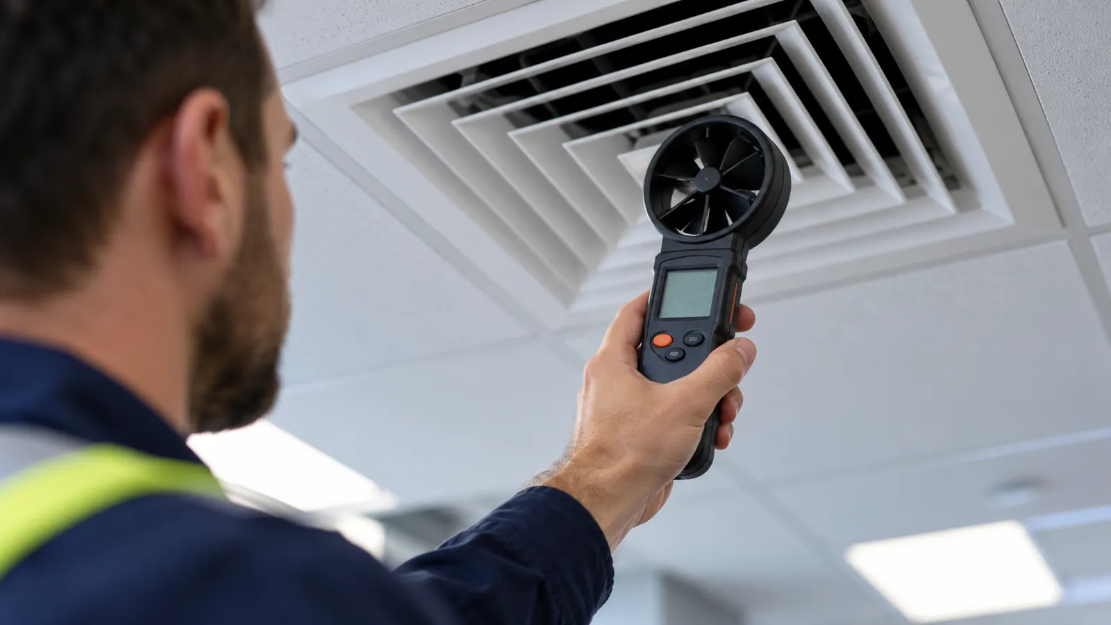 Tehnician care ține un anemometru digital cu elice în fața unei guri de ventilație dintr-o clădire de birouri