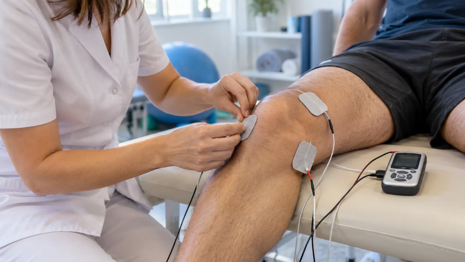 Kinetoterapeută care lipește electrozi pe genunchiul unui pacient, lângă un aparat portabil de electrostimulare TENS