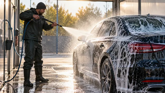 Spălător auto care spală cu jet de apă sub presiune o mașină acoperită cu spumă, într-o spălătorie cu boxe