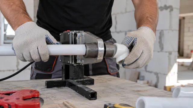 Instalator cu mănuși care încălzește o țeavă albă de PPR și un cot pe bacurile unei plite de sudură, într-o casă în construcție