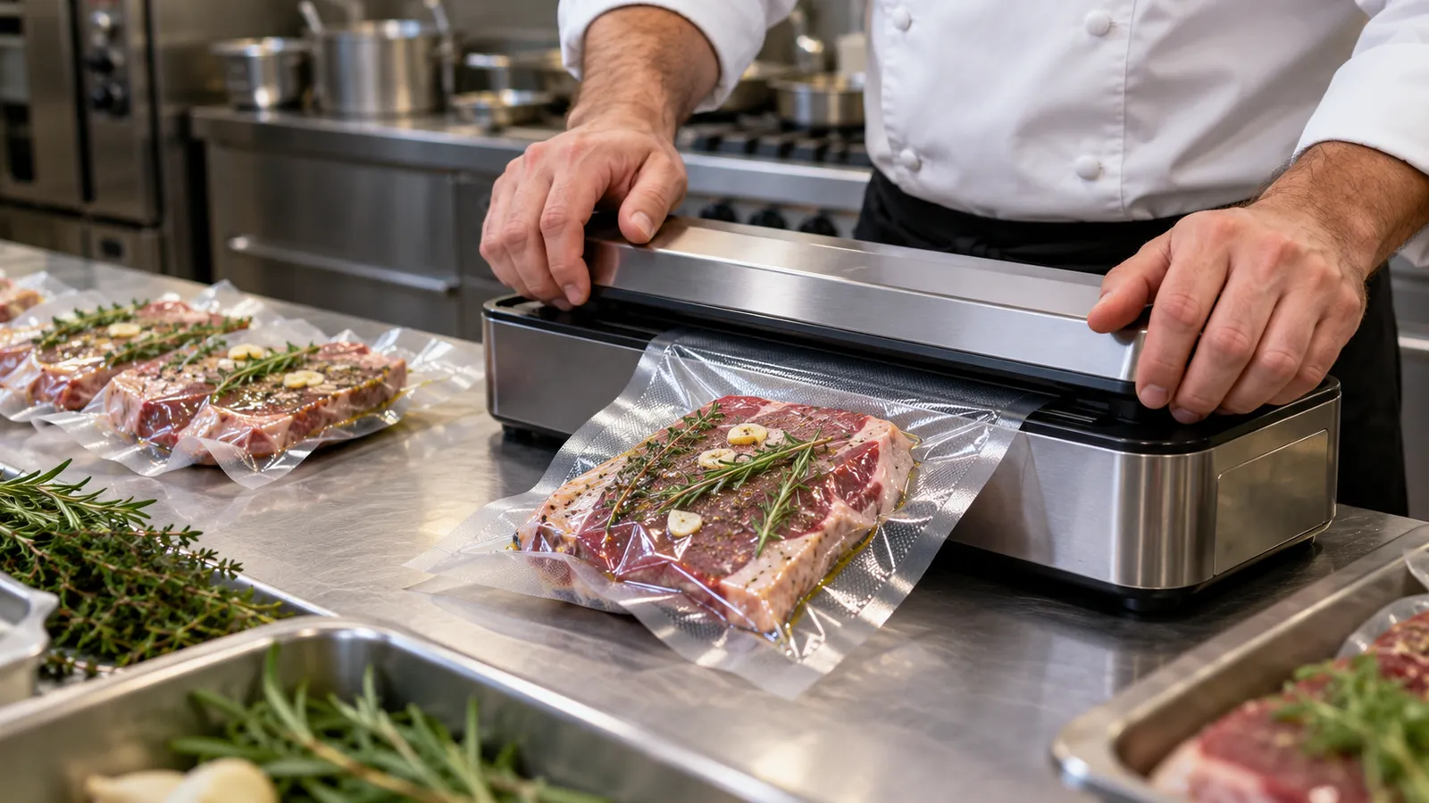 Bucătar în tunică albă care sigilează o pungă cu o porție de carne cu ierburi într-un aparat de vidat pe un blat de inox