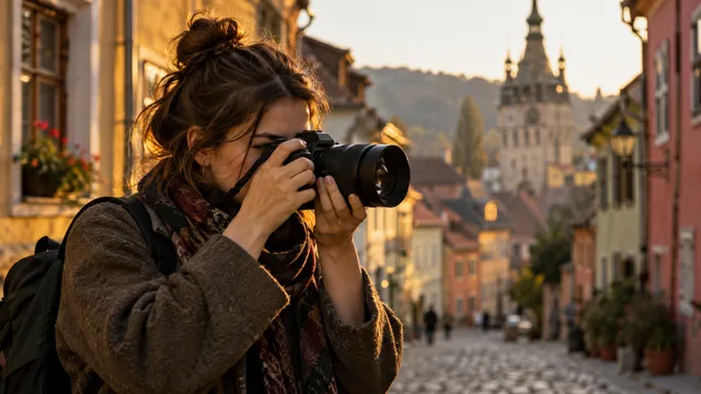 Fotografă care fotografiază cu un aparat mirrorless negru pe o stradă veche cu clădiri colorate, după-amiaza