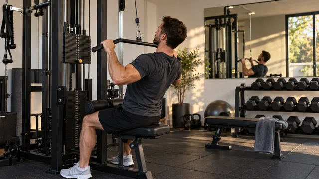 Bărbat care face tracțiuni la helcometru pe un aparat multifuncțional de fitness cu stivă de greutăți, într-o sală amenajată acasă