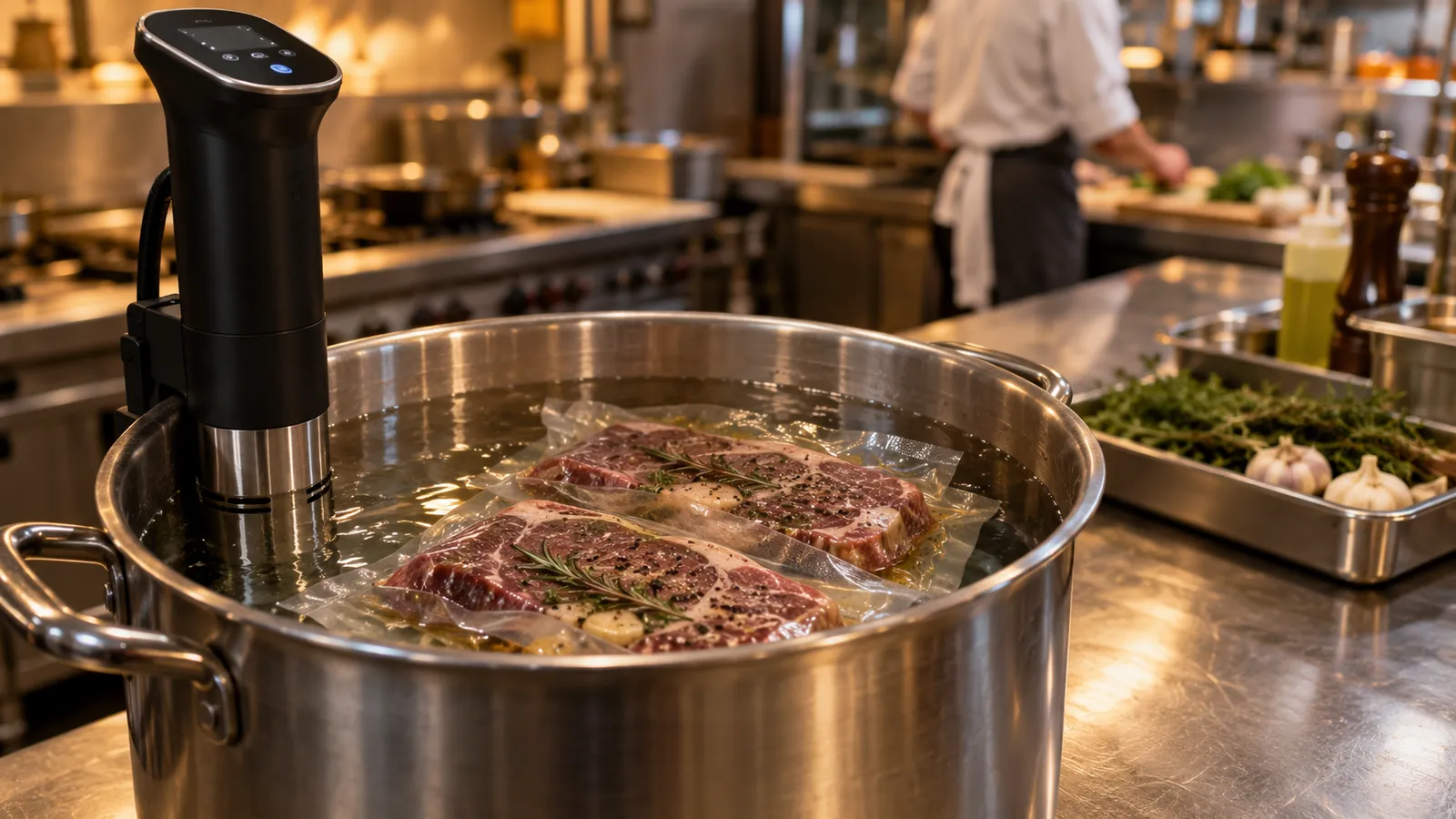 Stick sous vide prins pe marginea unei oale cu apă în care se gătesc două fripturi în pungi vidate, într-o bucătărie de restaurant