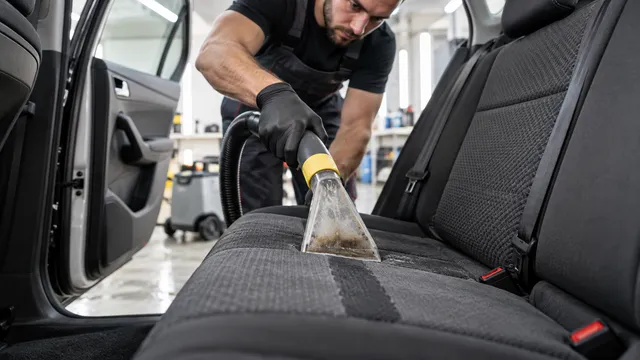 Specialist în detailing auto care curăță bancheta textilă a unei mașini cu duza unui aspirator cu spălare