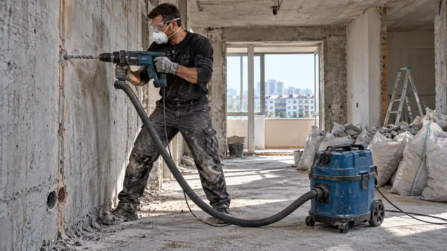 Muncitor pe un șantier de renovare care aspiră praful de beton cu un aspirator industrial legat de un rotopercutor