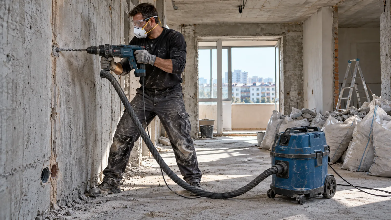 Muncitor pe un șantier de renovare care aspiră praful de beton cu un aspirator industrial legat de un rotopercutor