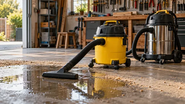 Un garaj-atelier cu pardoseală de beton și o baltă de apă, cu un aspirator umed-uscat galben cu furtunul spre apă și un aspirator cu cuvă de inox alături