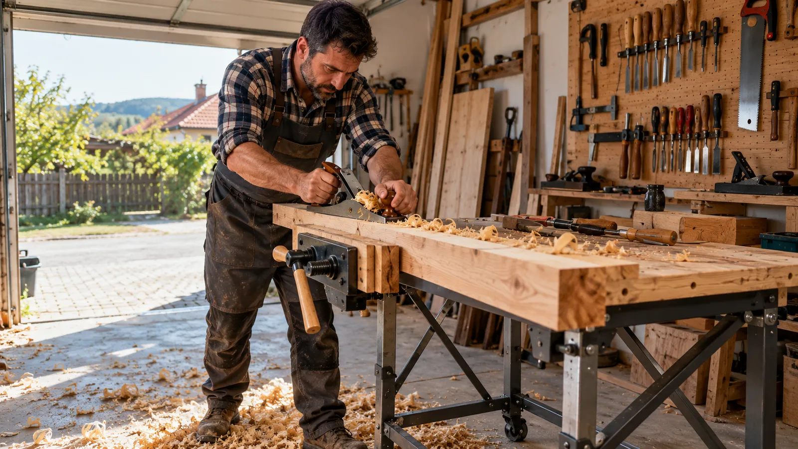 Tâmplar care lucrează la un banc de lucru pliabil cu o scândură prinsă între fălci, într-un garaj transformat în atelier