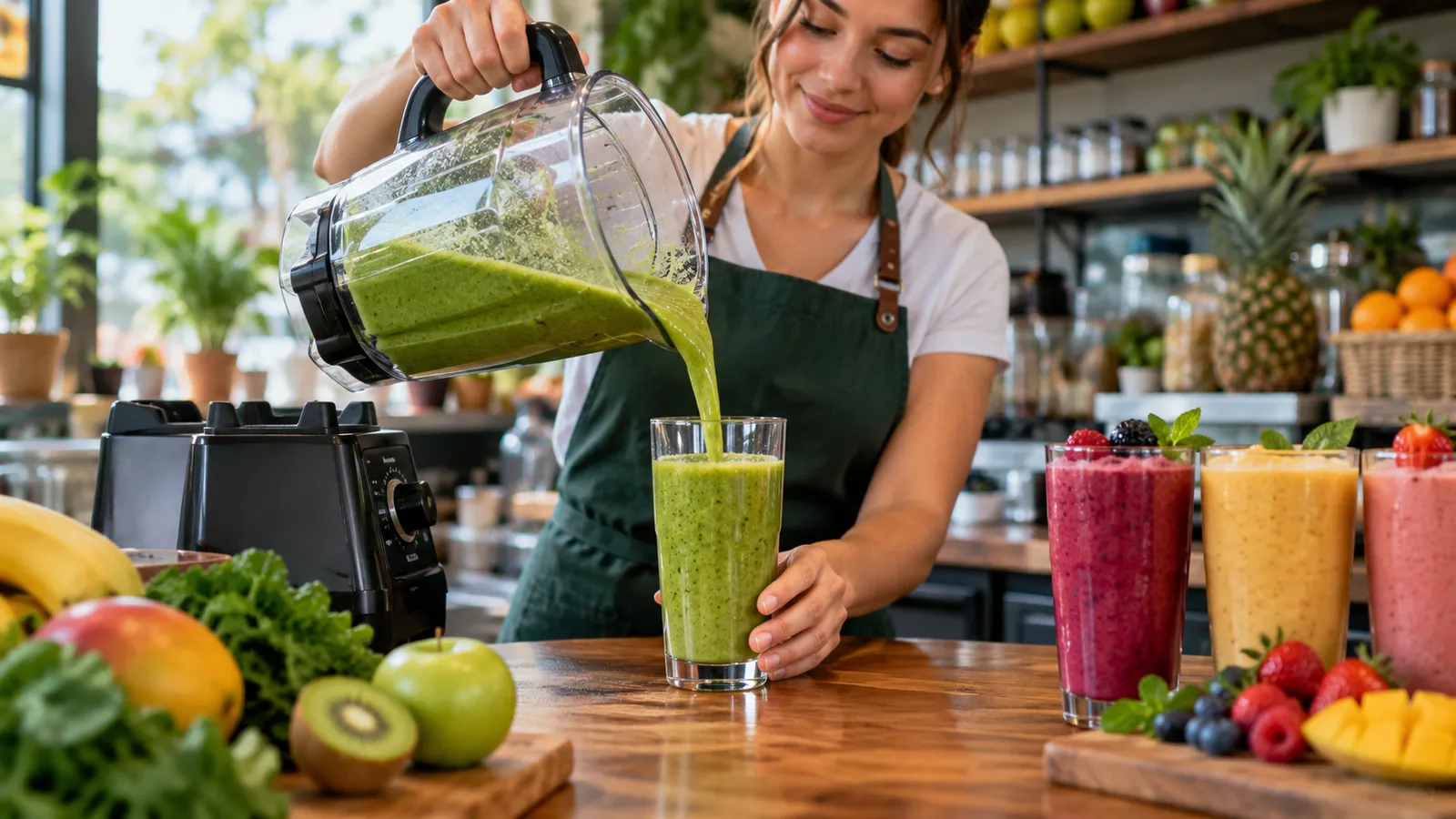 Barmană care toarnă un smoothie verde dintr-un blender profesional de masă într-un pahar înalt, pe tejgheaua unui bar de sucuri
