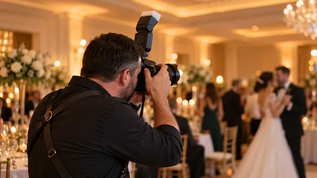 Un fotograf de nuntă fotografiază mirii într-o sală luminată cald, cu un blitz extern montat pe aparat și capul rotit spre tavan