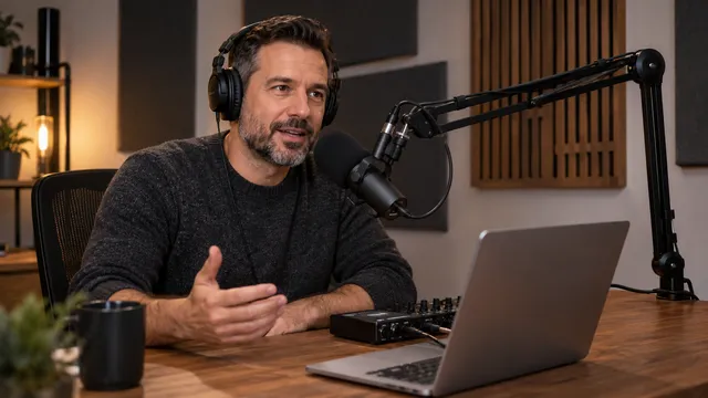 Prezentator de podcast care vorbește la un microfon prins pe un braț articulat negru fixat de birou, cu căști pe urechi