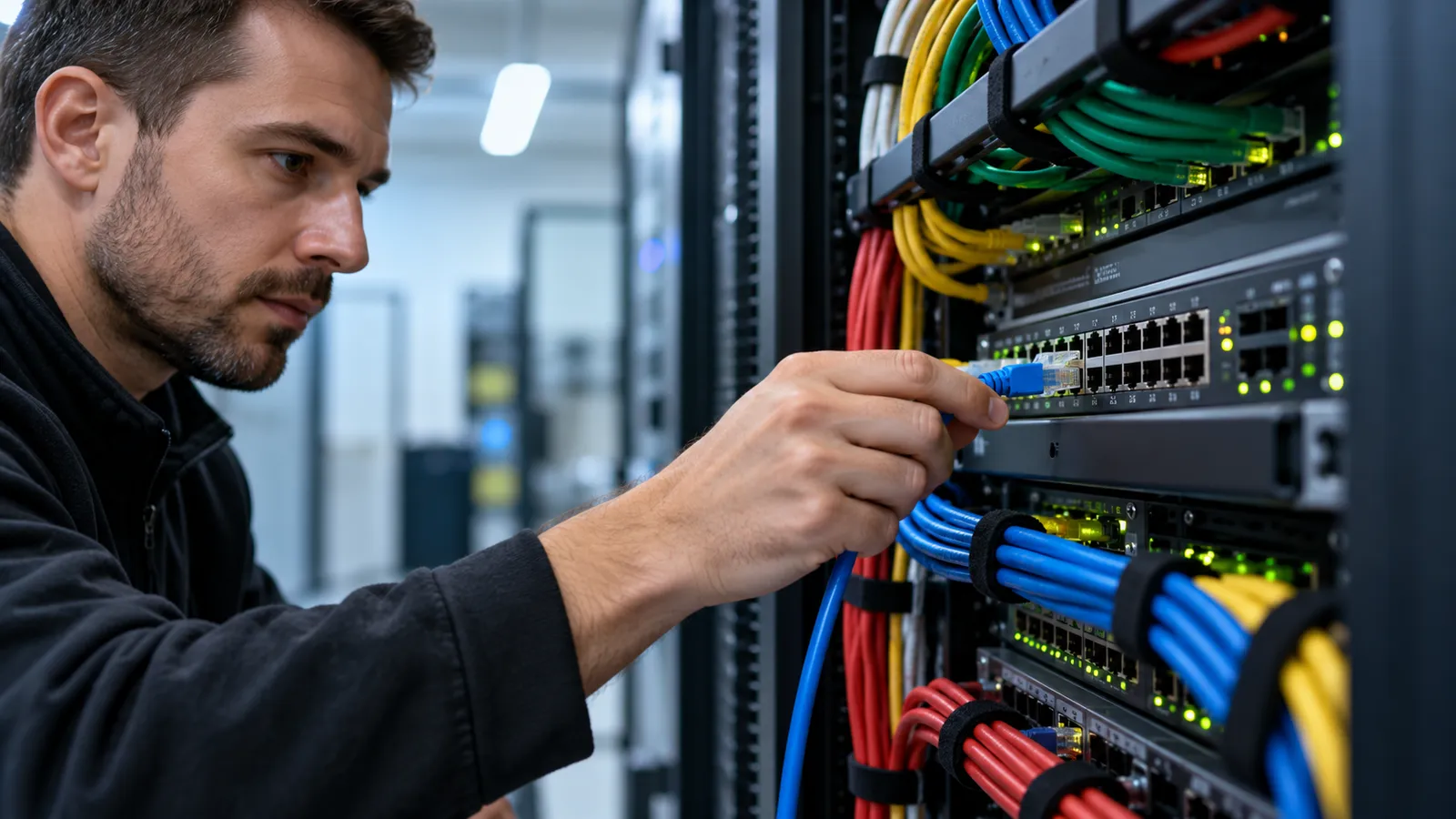 Administrator de rețea care conectează un cablu UTP albastru într-un switch dintr-un rack de rețea