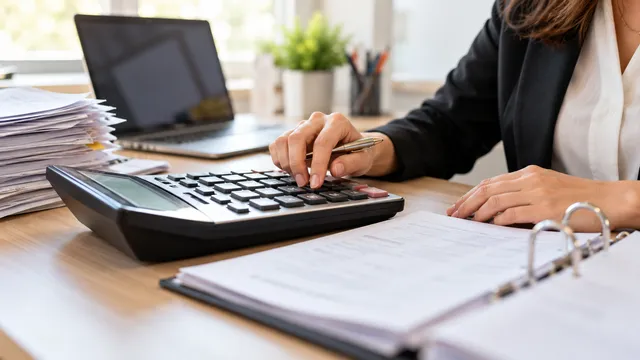 Contabilă care introduce cifre într-un calculator de birou mare, lângă un teanc de facturi și un dosar deschis