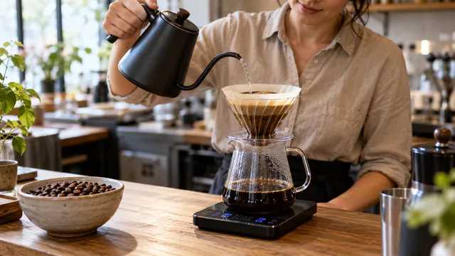 Barista care toarnă apă cu un ibric cu gât de lebădă peste un filtru de cafea pus pe un cântar digital negru cu cronometru