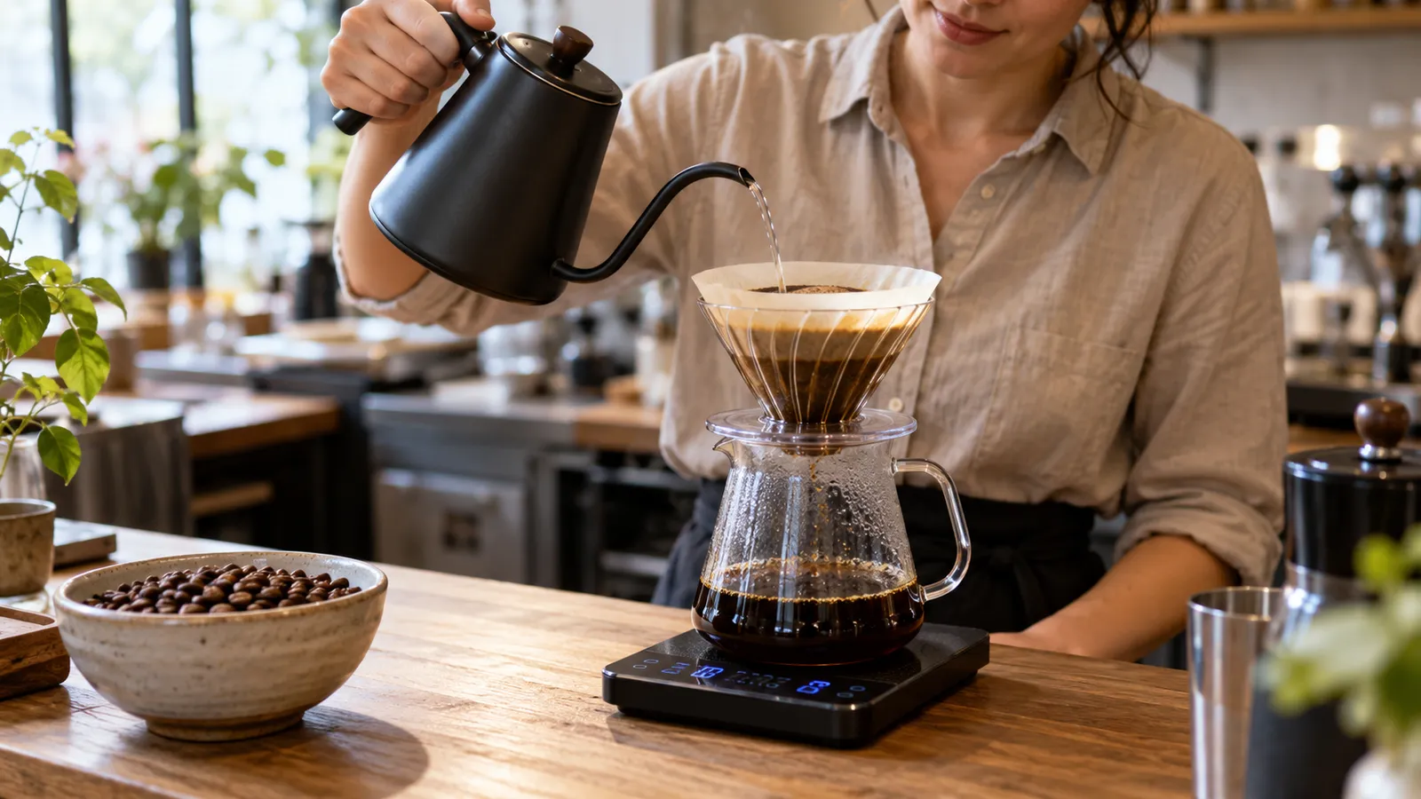 Barista care toarnă apă cu un ibric cu gât de lebădă peste un filtru de cafea pus pe un cântar digital negru cu cronometru