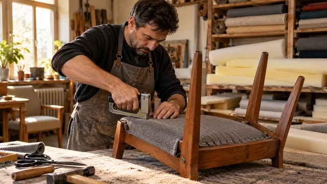 Tapițer în atelier care prinde cu un capsator stofă gri pe spătarul unui scaun de lemn așezat pe bancul de lucru