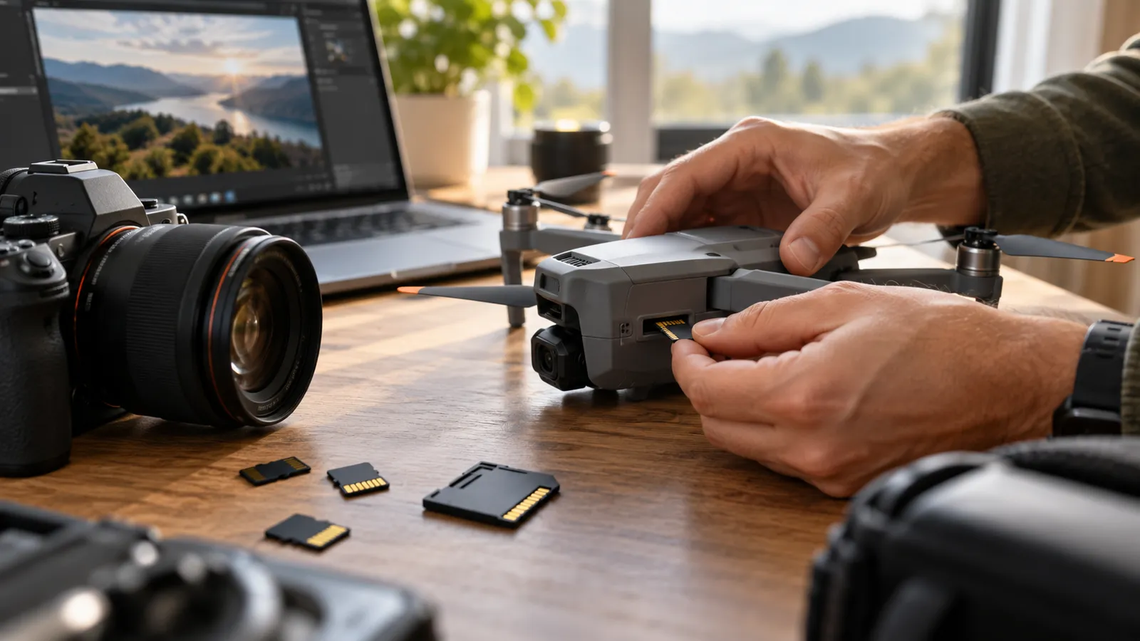 Mâinile unui fotograf care introduc un card de memorie microSD într-o dronă, lângă un adaptor SD, un aparat foto și un laptop