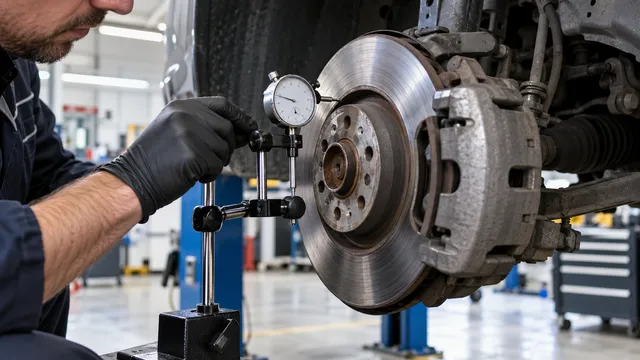 Mecanic care măsoară bătaia unui disc de frână cu un ceas comparator prins pe un suport magnetic, într-un service auto