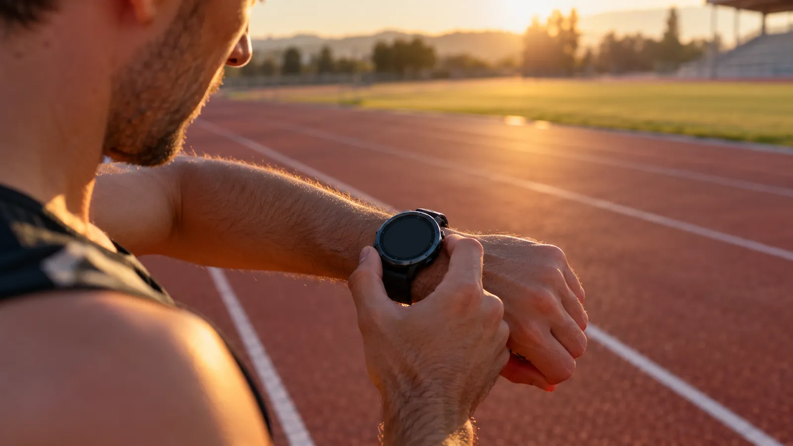 Un antrenor de atletism se uită la ceasul sport cu GPS de pe încheietură, pe o pistă de atletism dimineața