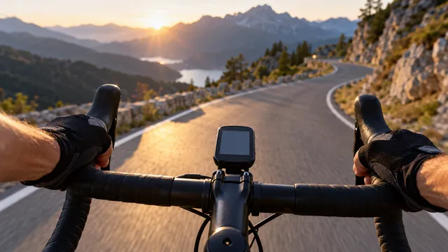 Ghidon de bicicletă de șosea cu un ciclocomputer mic montat în centru, mâinile ciclistului cu mănuși, pe un drum de munte la răsărit