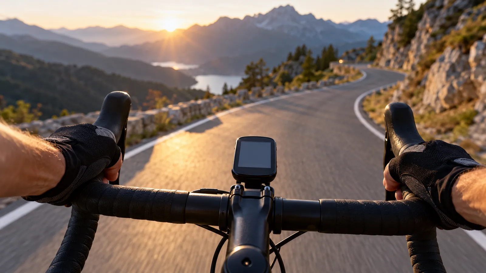 Ghidon de bicicletă de șosea cu un ciclocomputer mic montat în centru, mâinile ciclistului cu mănuși, pe un drum de munte la răsărit
