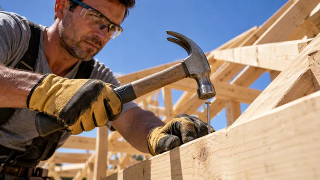 Dulgher care bate un cui într-o grindă de lemn cu un ciocan cu gheară, pe structura unui acoperiș în construcție
