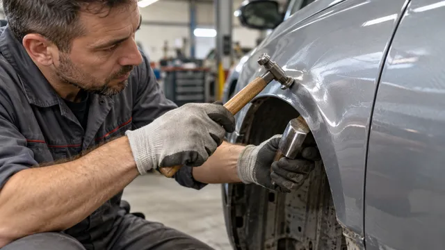 Tinichigiu auto care îndreaptă o lovitură în aripa unei mașini gri cu un ciocan de tinichigerie și o nicovală de mână