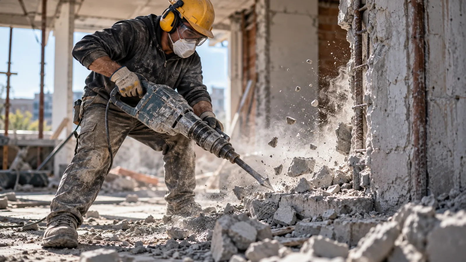 Muncitor cu cască și ochelari care sparge o placă de beton cu un ciocan demolator mare, pe un șantier de renovare
