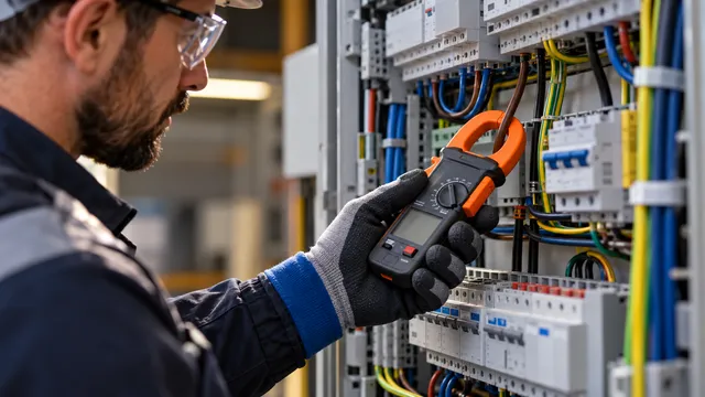 Electrician cu mănuși și ochelari de protecție care măsoară curentul cu un clește ampermetric prins în jurul unui cablu într-un tablou electric