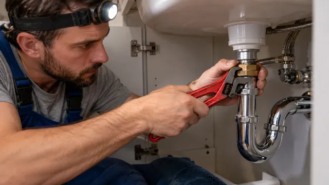 Instalator cu lanternă frontală care strânge o piuliță de alamă pe țeava de sub o chiuvetă cu un clește reglabil roșu
