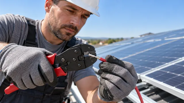 Instalator de panouri solare cu cască și mănuși care sertizează un pin MC4 pe un cablu solar roșu, lângă panouri pe acoperiș