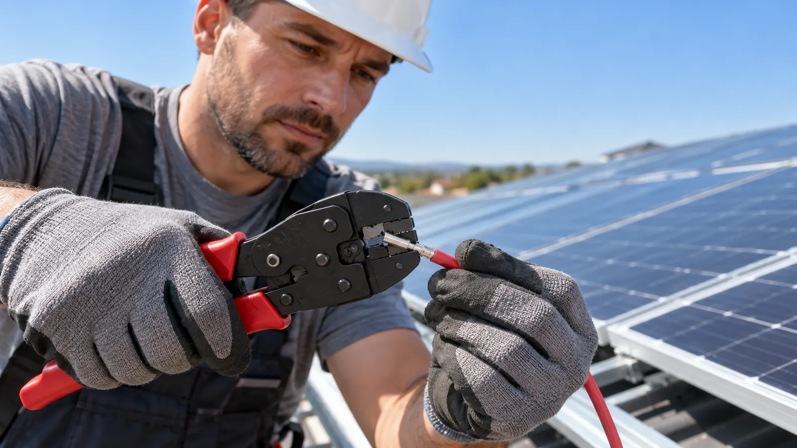 Instalator de panouri solare cu cască și mănuși care sertizează un pin MC4 pe un cablu solar roșu, lângă panouri pe acoperiș