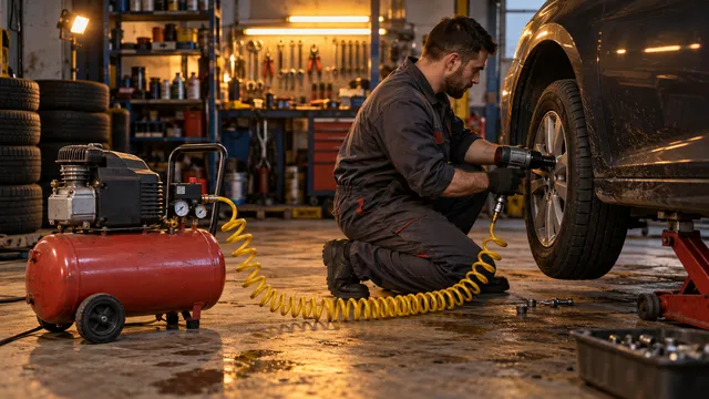 Mecanic într-un service auto folosind o cheie pneumatică de impact alimentată de un compresor de aer cu rezervor de 50 de litri