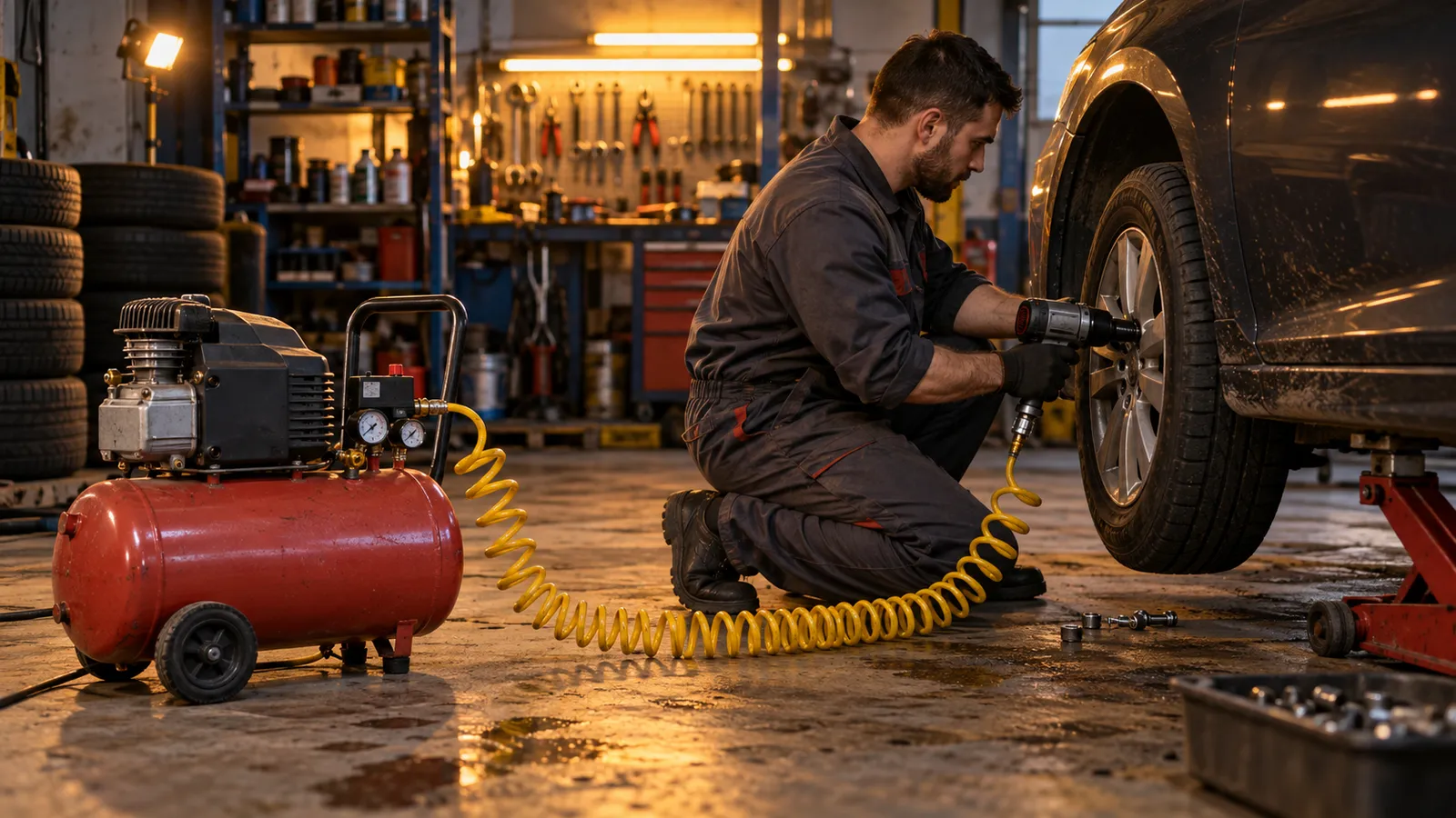 Mecanic într-un service auto folosind o cheie pneumatică de impact alimentată de un compresor de aer cu rezervor de 50 de litri