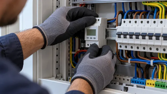 Electrician care montează un contor de energie electrică pe șina DIN dintr-un tablou electric deschis, lângă siguranțe automate