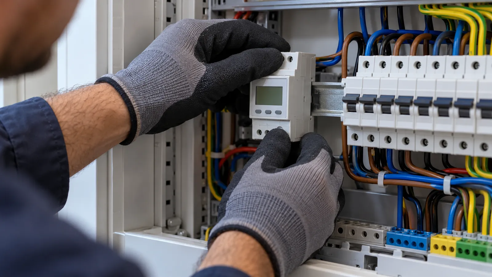 Electrician care montează un contor de energie electrică pe șina DIN dintr-un tablou electric deschis, lângă siguranțe automate